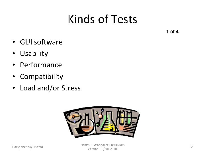 Kinds of Tests 1 of 4 • • • GUI software Usability Performance Compatibility