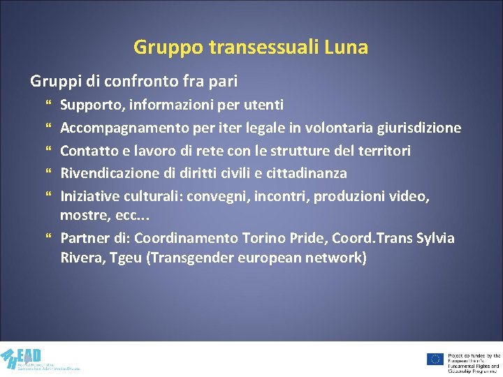 Gruppo transessuali Luna Gruppi di confronto fra pari Supporto, informazioni per utenti Accompagnamento per