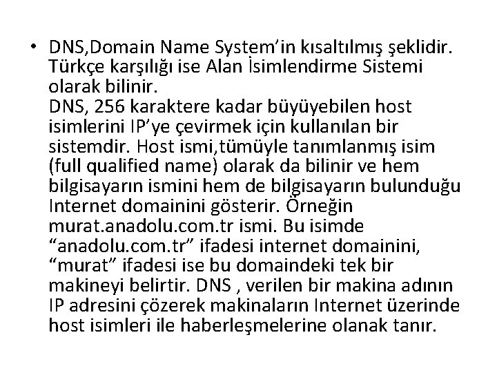  • DNS, Domain Name System’in kısaltılmış şeklidir. Türkçe karşılığı ise Alan İsimlendirme Sistemi