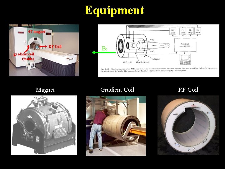 Equipment 4 T magnet RF Coil B 0 gradient coil (inside) Magnet Gradient Coil