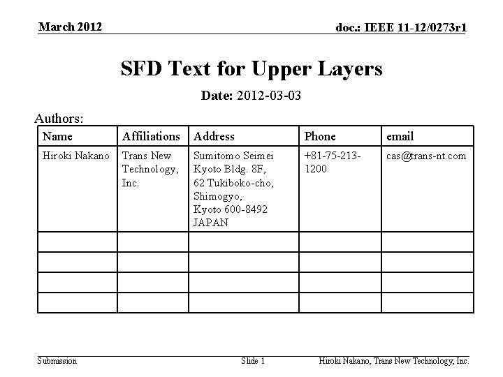 March 2012 doc. : IEEE 11 -12/0273 r 1 SFD Text for Upper Layers