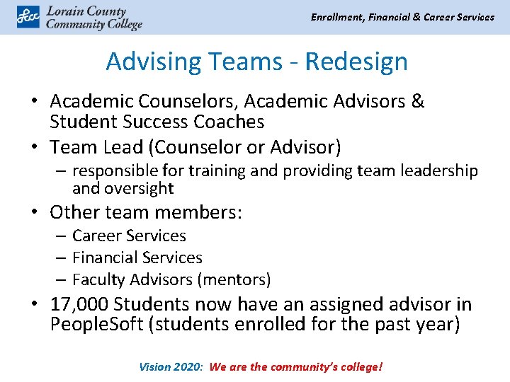 Enrollment, Financial & Career Services Advising Teams - Redesign • Academic Counselors, Academic Advisors