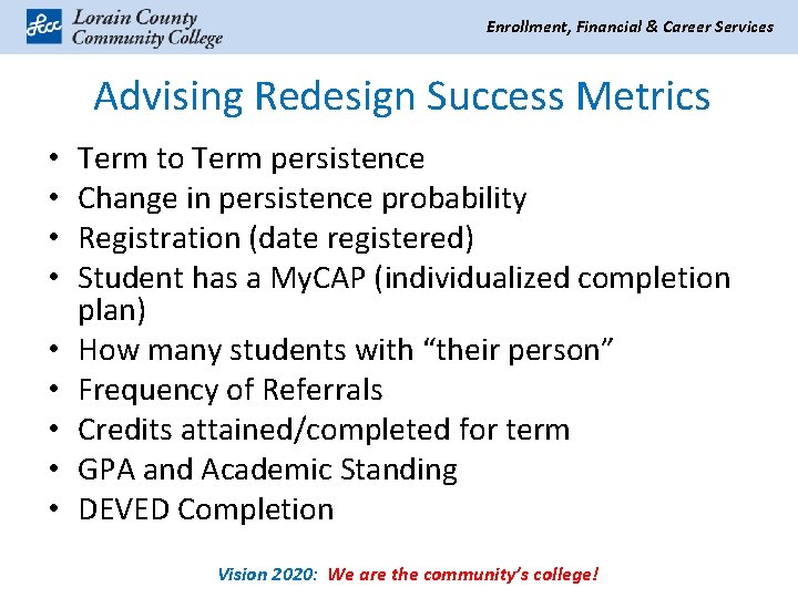 Enrollment, Financial & Career Services Advising Redesign Success Metrics • • • Term to