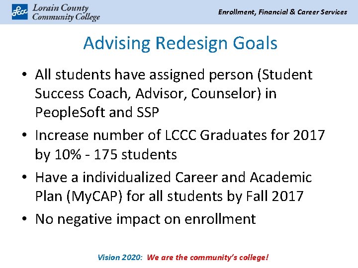 Enrollment, Financial & Career Services Advising Redesign Goals • All students have assigned person