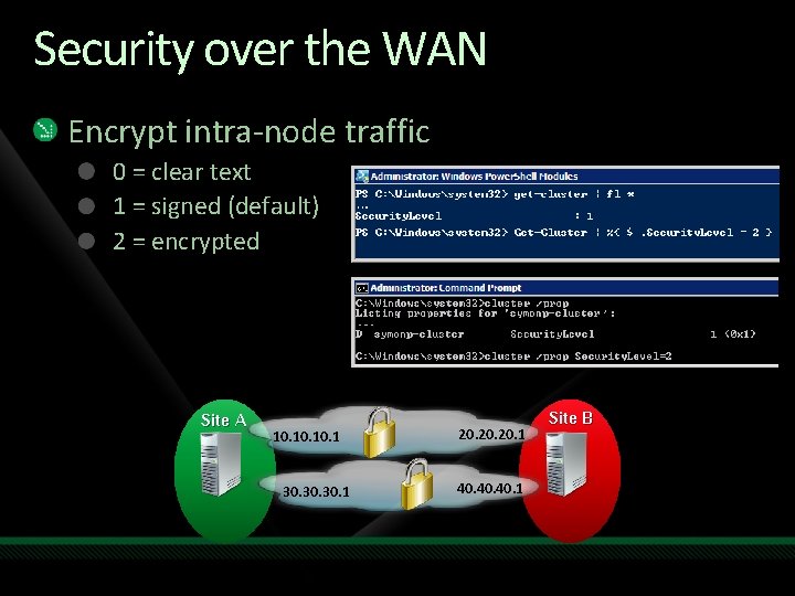 Security over the WAN Encrypt intra-node traffic 0 = clear text 1 = signed