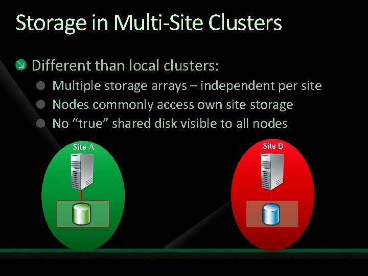 Storage in Multi-Site Clusters Different than local clusters: Multiple storage arrays – independent per