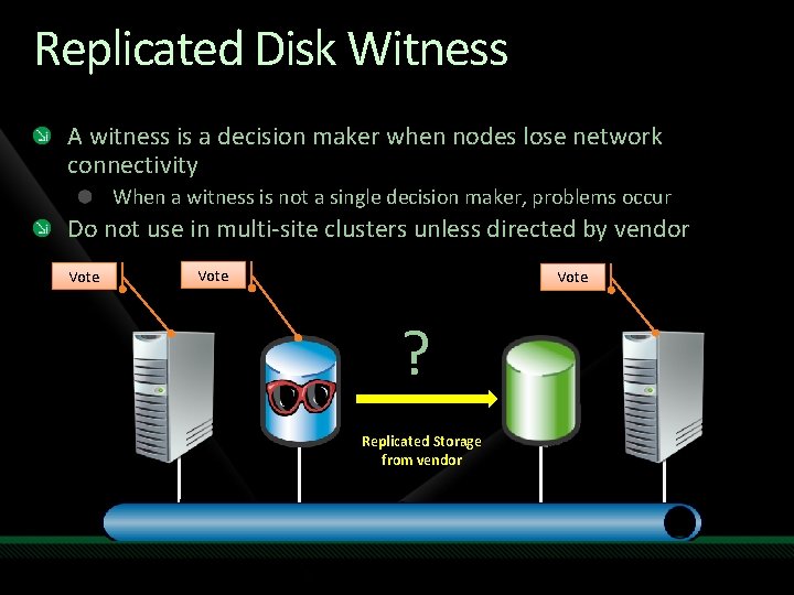 Replicated Disk Witness A witness is a decision maker when nodes lose network connectivity