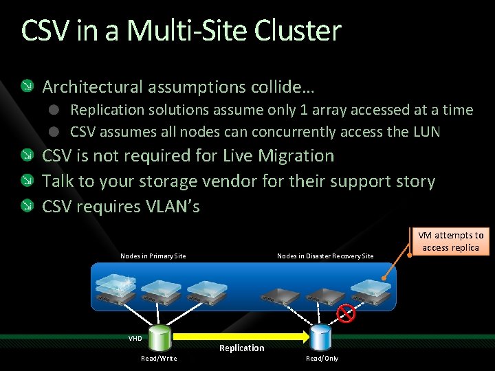 CSV in a Multi-Site Cluster Architectural assumptions collide… Replication solutions assume only 1 array