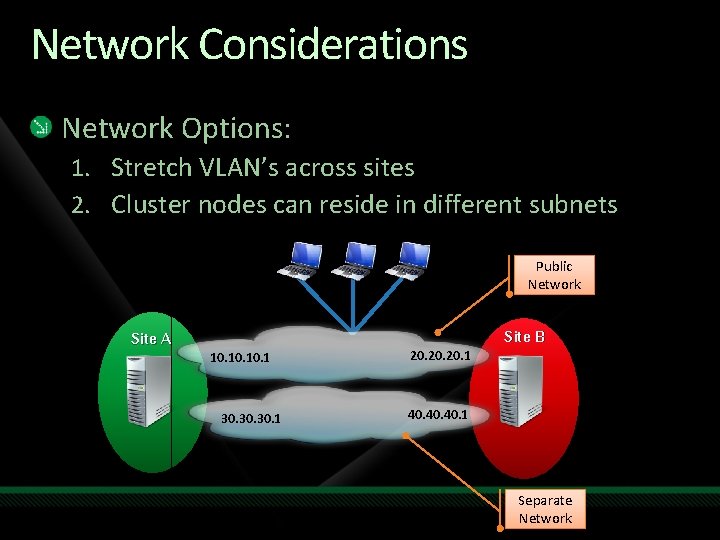 Network Considerations Network Options: 1. Stretch VLAN’s across sites 2. Cluster nodes can reside