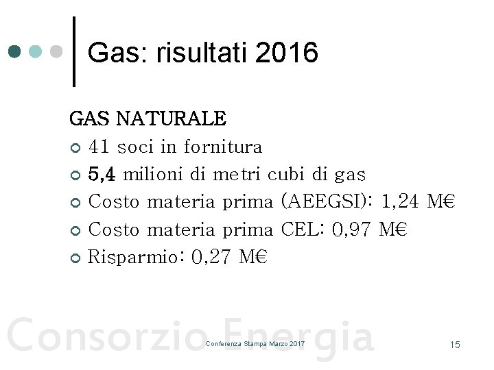 Gas: risultati 2016 GAS NATURALE ¢ 41 soci in fornitura ¢ 5, 4 milioni