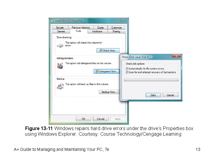 Figure 13 -11 Windows repairs hard drive errors under the drive’s Properties box using