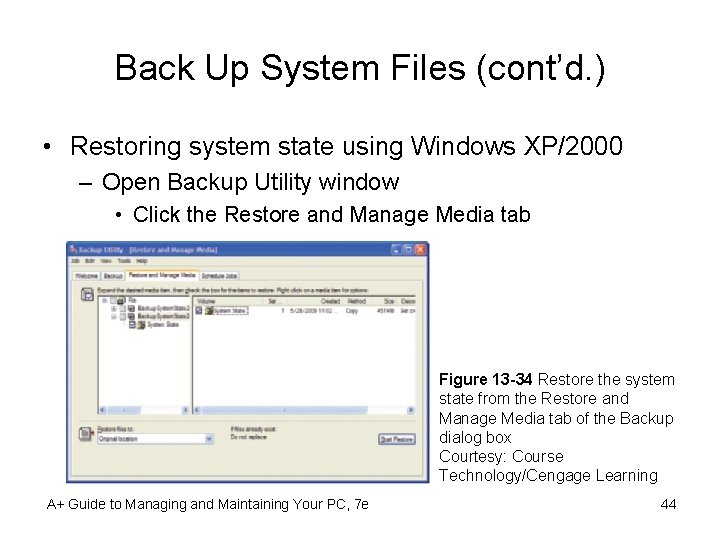 Back Up System Files (cont’d. ) • Restoring system state using Windows XP/2000 –