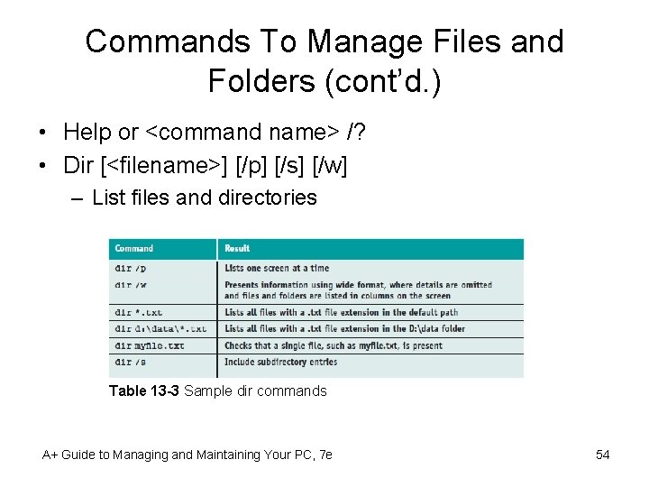 Commands To Manage Files and Folders (cont’d. ) • Help or <command name> /?