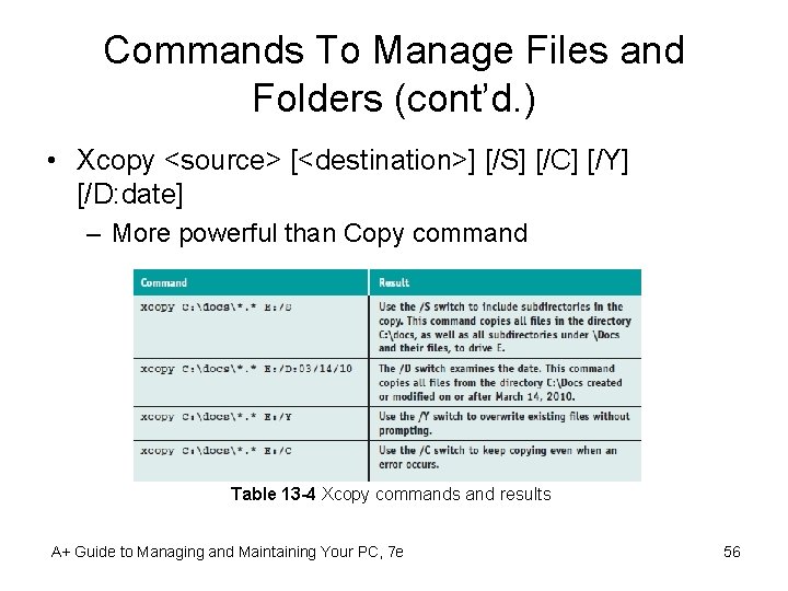 Commands To Manage Files and Folders (cont’d. ) • Xcopy <source> [<destination>] [/S] [/C]