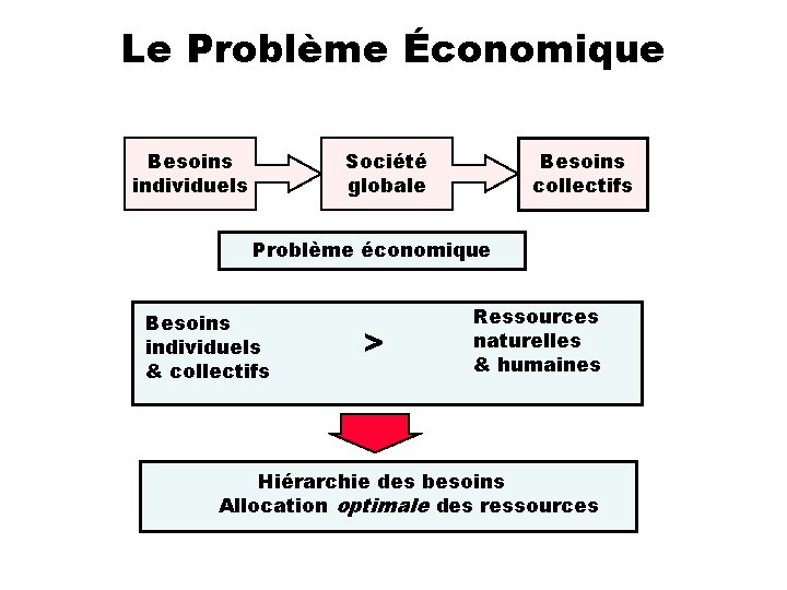 Le Problème Économique Besoins individuels Société globale Besoins collectifs Problème économique Besoins individuels &