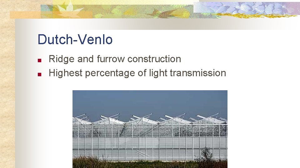 Dutch-Venlo ■ ■ Ridge and furrow construction Highest percentage of light transmission 