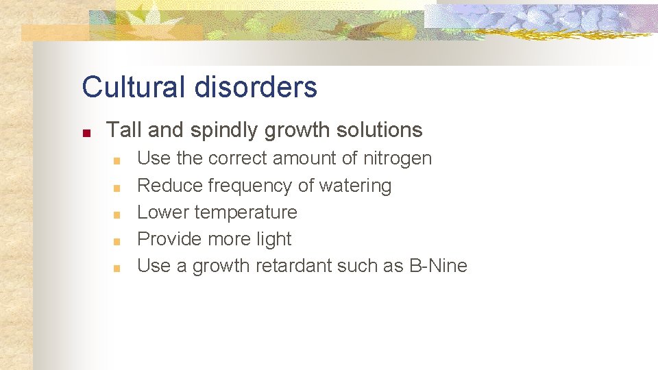 Cultural disorders ■ Tall and spindly growth solutions ■ ■ ■ Use the correct