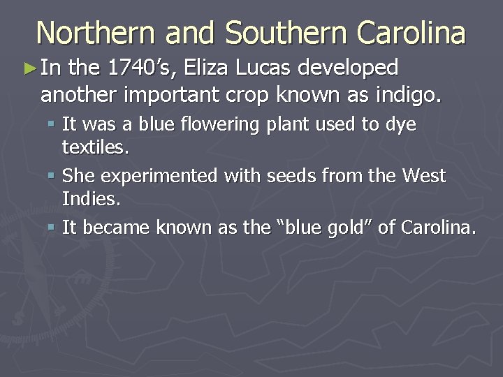 Northern and Southern Carolina ► In the 1740’s, Eliza Lucas developed another important crop