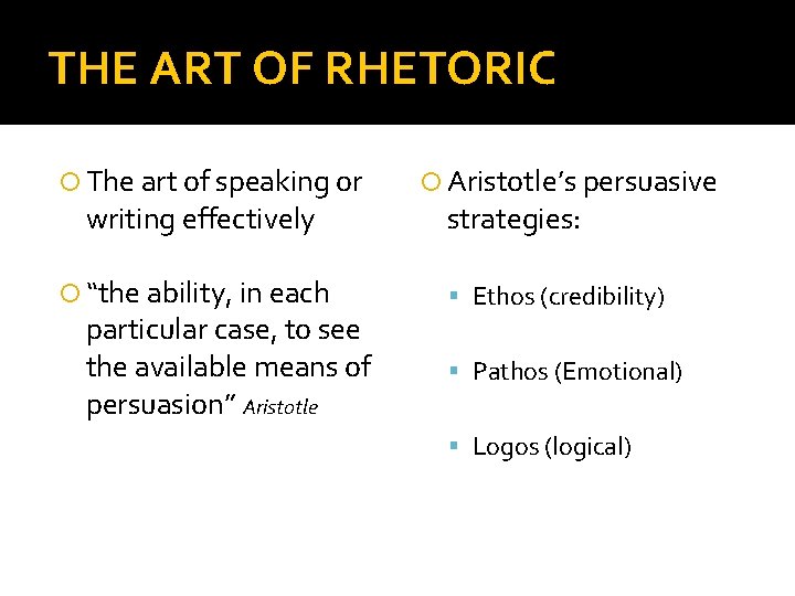 THE ART OF RHETORIC The art of speaking or writing effectively “the ability, in