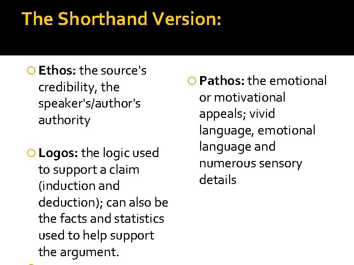 The Shorthand Version: Ethos: the source's credibility, the speaker's/author's authority Logos: the logic used