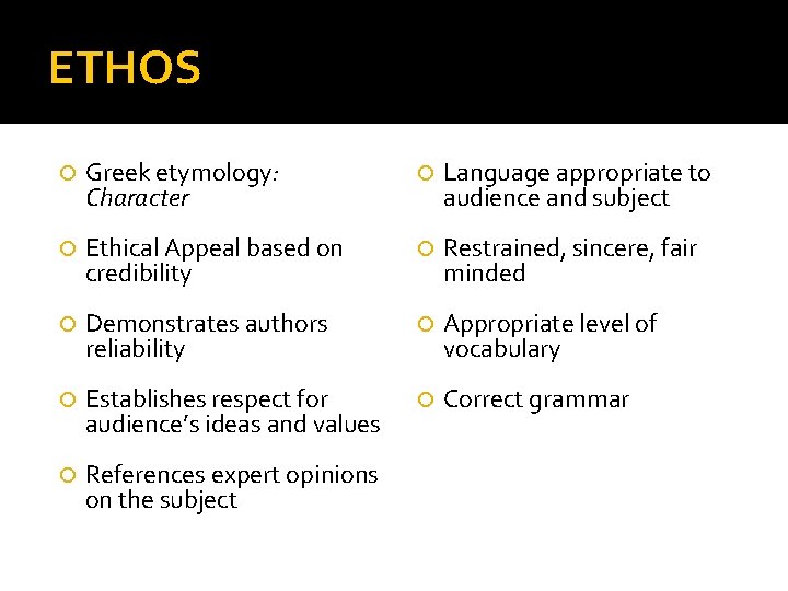 ETHOS Greek etymology: Character Language appropriate to audience and subject Ethical Appeal based on