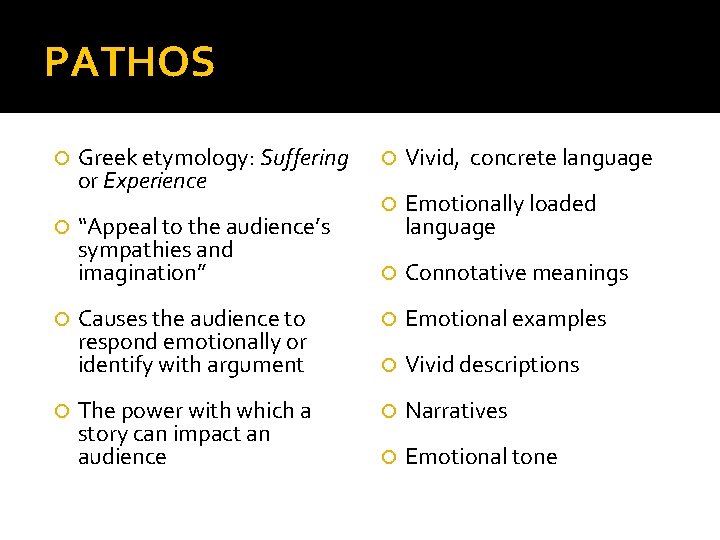 PATHOS Greek etymology: Suffering or Experience Vivid, concrete language Emotionally loaded language Connotative meanings