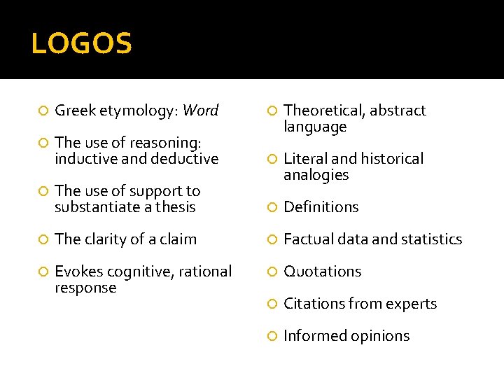 LOGOS Greek etymology: Word The use of reasoning: inductive and deductive Theoretical, abstract language