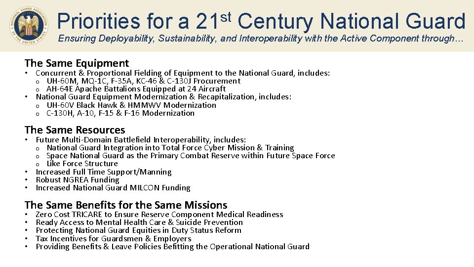 Priorities for a 21 st Century National Guard Ensuring Deployability, Sustainability, and Interoperability with