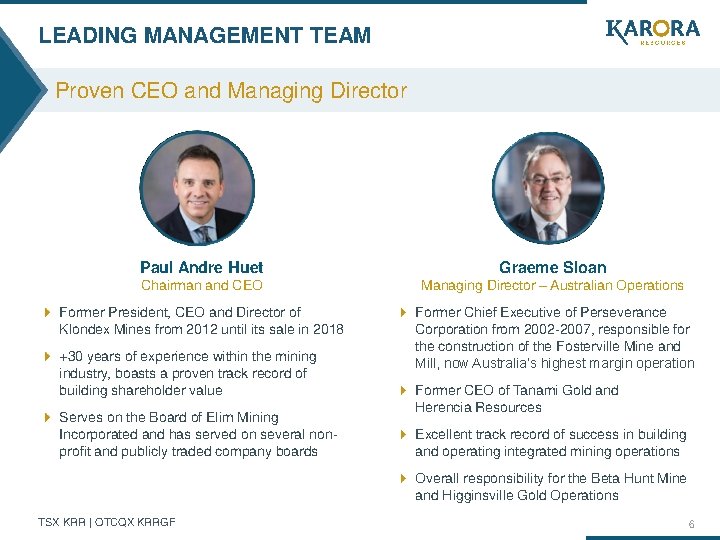 LEADING MANAGEMENT TEAM Proven CEO and Managing Director Paul Andre Huet Graeme Sloan Chairman