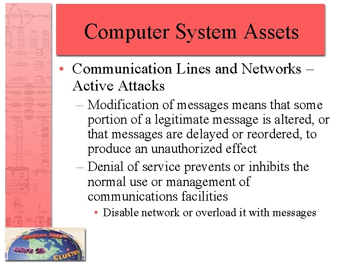 Computer System Assets • Communication Lines and Networks – Active Attacks – Modification of