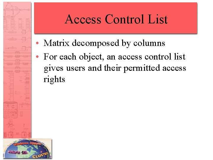 Access Control List • Matrix decomposed by columns • For each object, an access
