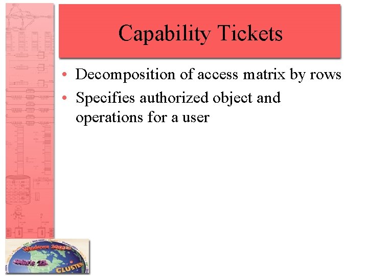 Capability Tickets • Decomposition of access matrix by rows • Specifies authorized object and