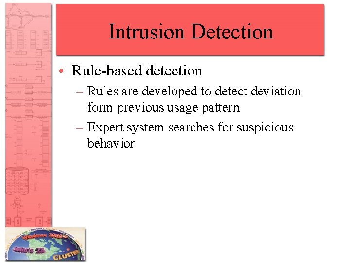 Intrusion Detection • Rule-based detection – Rules are developed to detect deviation form previous