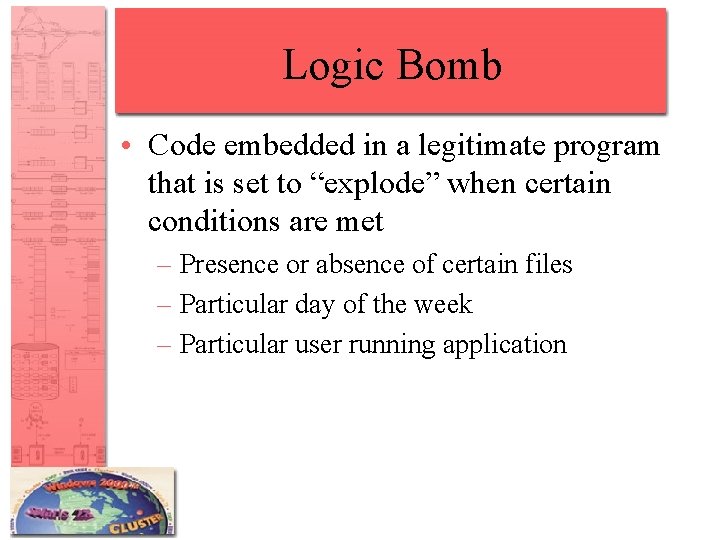 Logic Bomb • Code embedded in a legitimate program that is set to “explode”