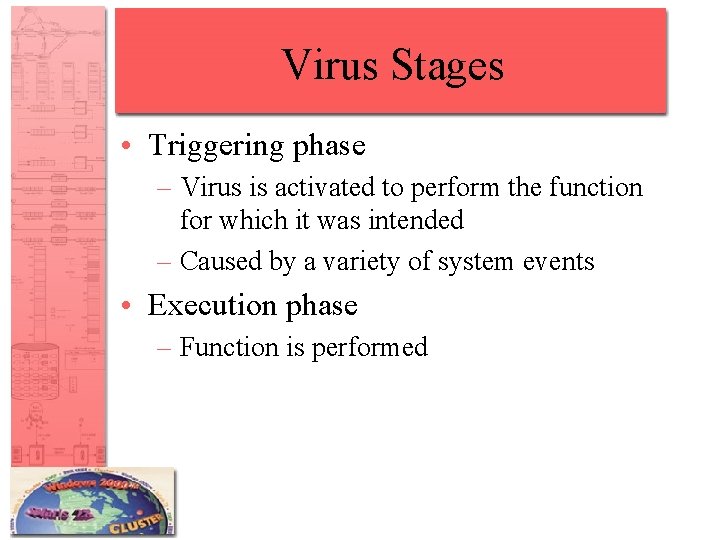 Virus Stages • Triggering phase – Virus is activated to perform the function for