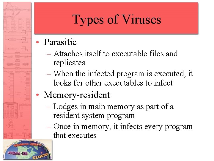 Types of Viruses • Parasitic – Attaches itself to executable files and replicates –