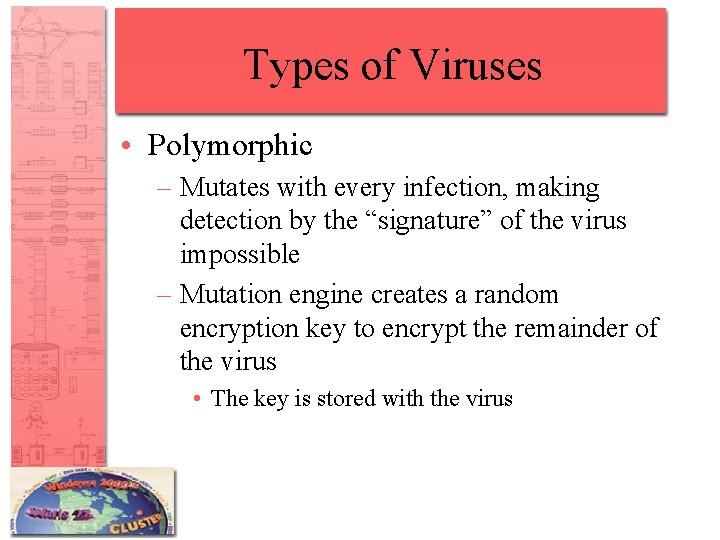 Types of Viruses • Polymorphic – Mutates with every infection, making detection by the