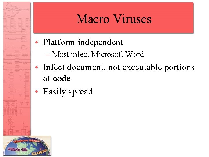 Macro Viruses • Platform independent – Most infect Microsoft Word • Infect document, not