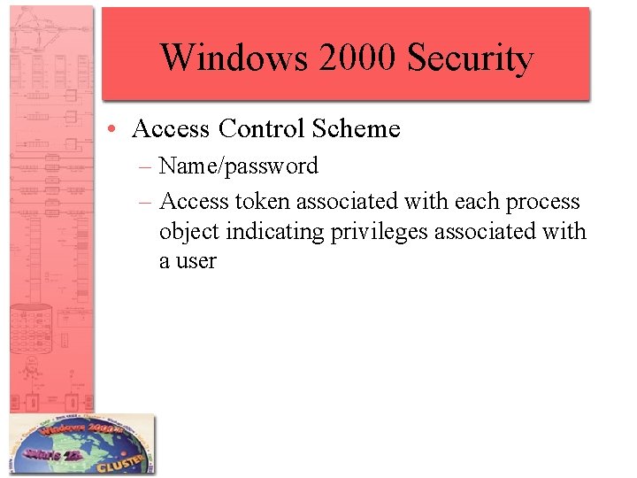 Windows 2000 Security • Access Control Scheme – Name/password – Access token associated with