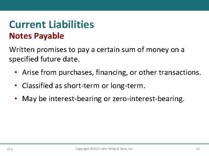 Current Liabilities Notes Payable Written promises to pay a certain sum of money on