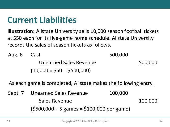 Current Liabilities Illustration: Allstate University sells 10, 000 season football tickets at $50 each