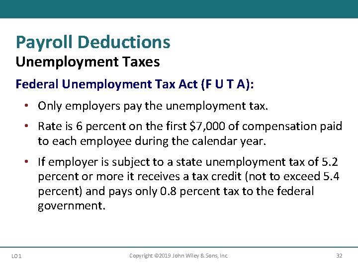 Payroll Deductions Unemployment Taxes Federal Unemployment Tax Act (F U T A): • Only