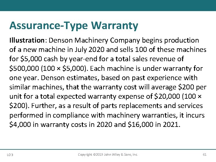 Assurance-Type Warranty Illustration: Denson Machinery Company begins production of a new machine in July