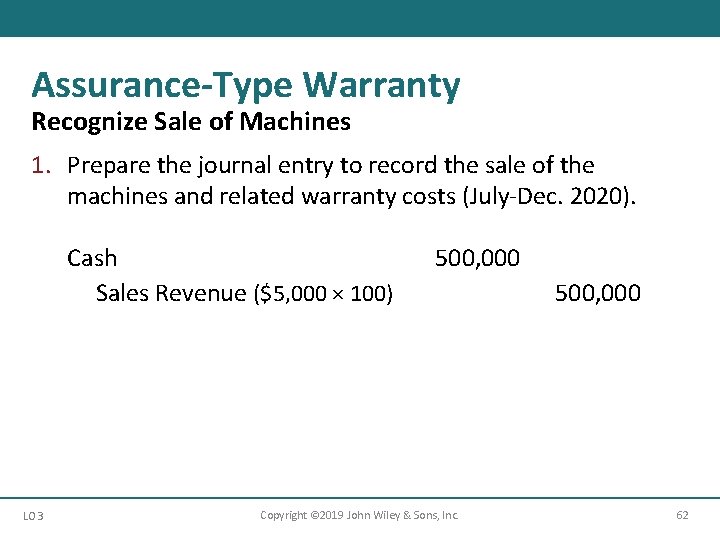 Assurance-Type Warranty Recognize Sale of Machines 1. Prepare the journal entry to record the