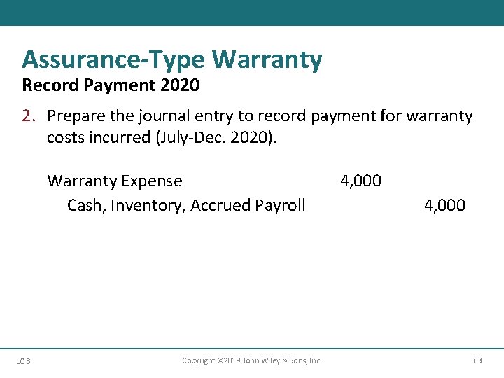 Assurance-Type Warranty Record Payment 2020 2. Prepare the journal entry to record payment for