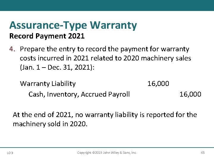 Assurance-Type Warranty Record Payment 2021 4. Prepare the entry to record the payment for