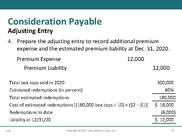 Consideration Payable Adjusting Entry 4. Prepare the adjusting entry to record additional premium expense