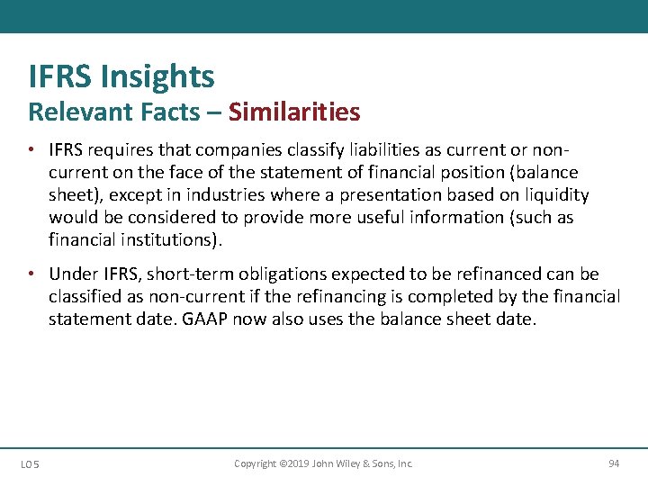 IFRS Insights Relevant Facts – Similarities • IFRS requires that companies classify liabilities as