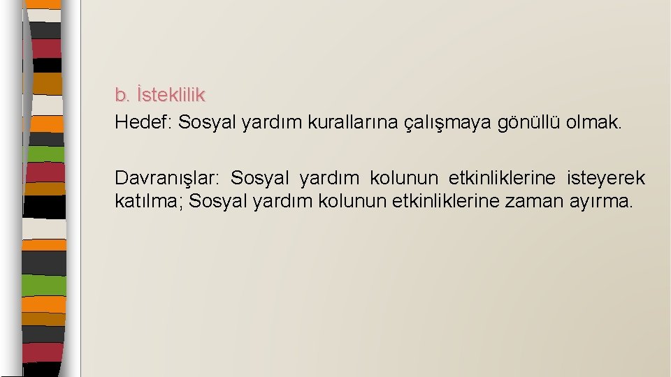 b. İsteklilik Hedef: Sosyal yardım kurallarına çalışmaya gönüllü olmak. Davranışlar: Sosyal yardım kolunun etkinliklerine