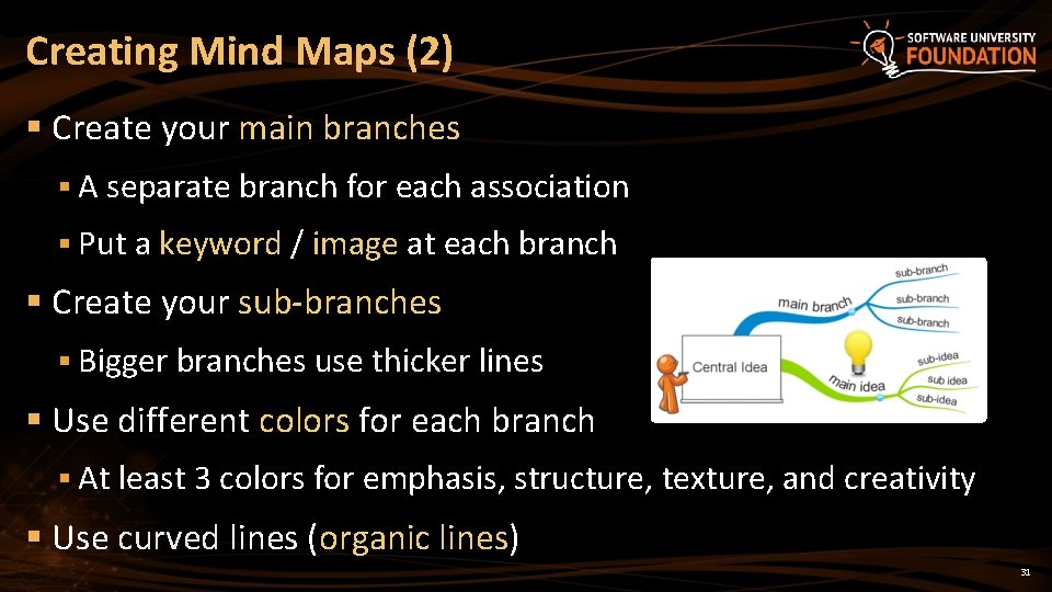 Creating Mind Maps (2) § Create your main branches § A separate branch for